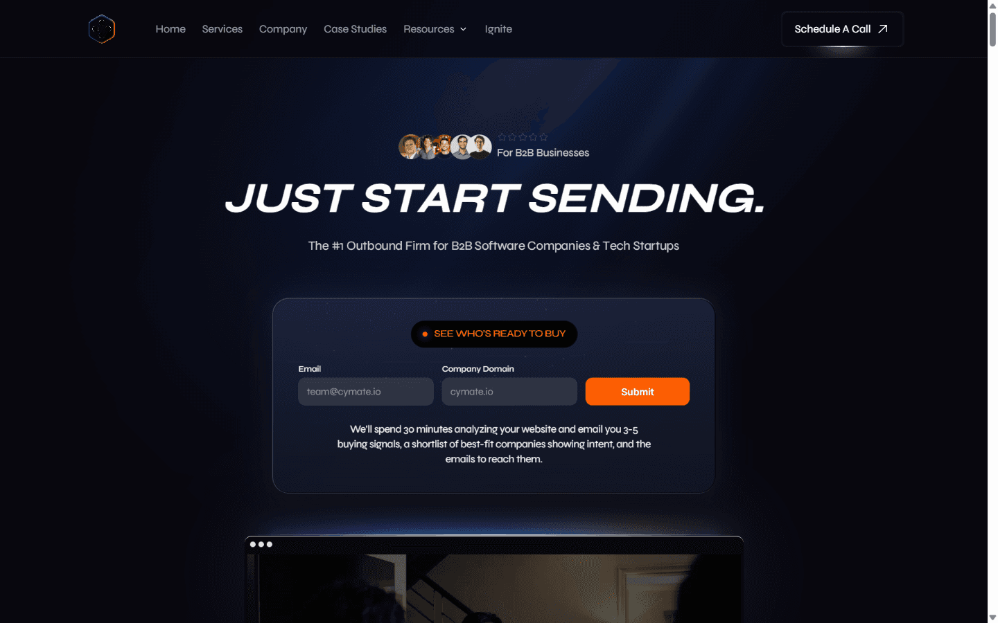Cymate homepage — done-for-you B2B cold outbound for software companies and tech startups