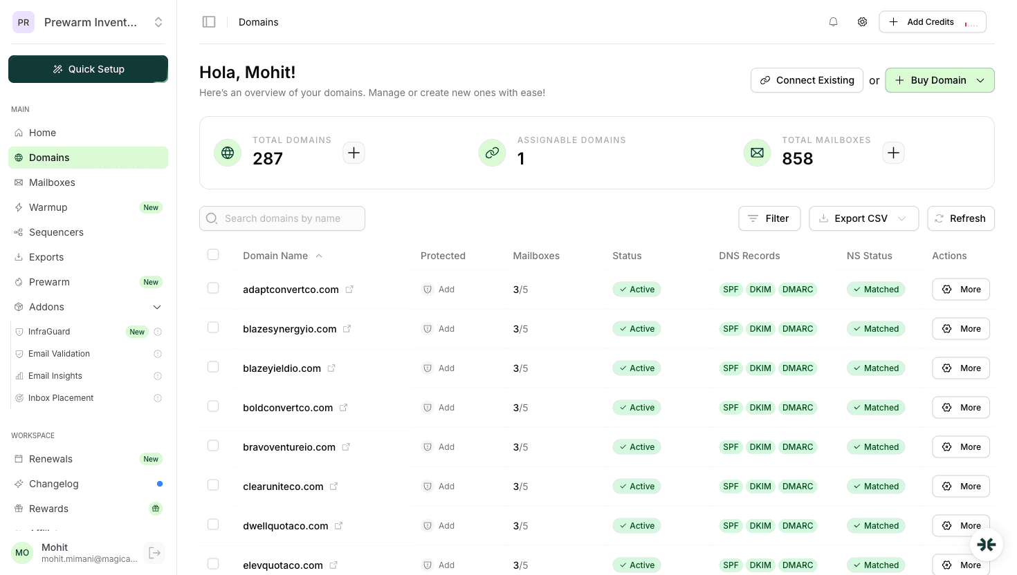 InboxKit domains with DNS status