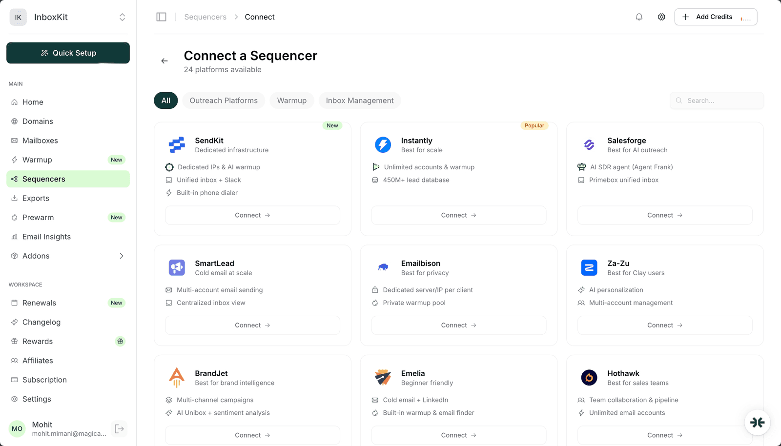 InboxKit Sequencers page with Emelia connected